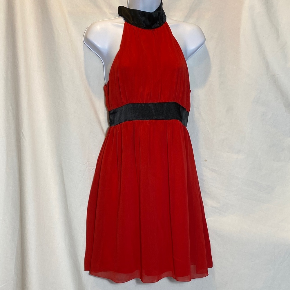 Twenty One Red Chiffon Halter Cocktail Dress with Black Back Bow - women-S